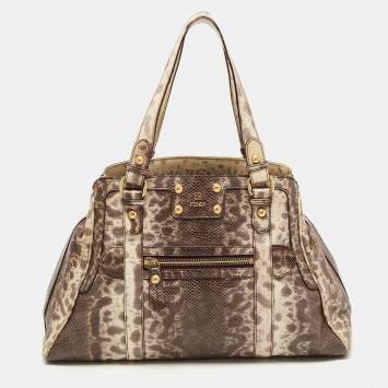 Pre Owned Fendi Brown.Cream Karung Leather De Jour Tote