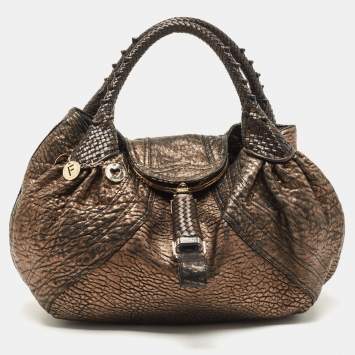 Pre Owned Fendi Bronze Textured Leather Spy Hobo