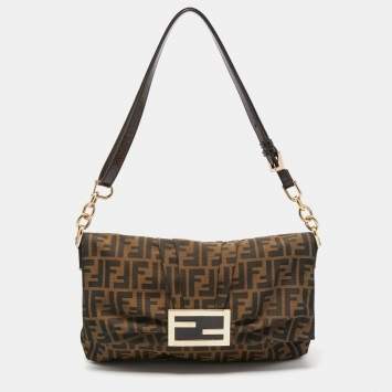 مملوكة مسبقًا Fendi Tobacco Zucca Canvas and Patent Leather Mia Flap Crossbody Bag