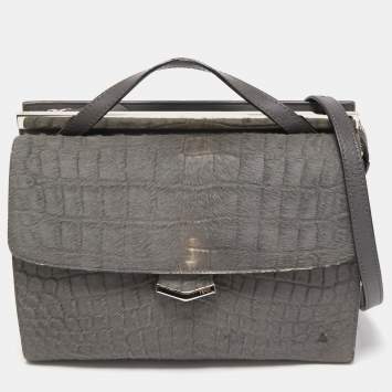Pre Owned Fendi Grey Croc Embossed Calfhair and Leather Small Demi Jour Top Handle Bag