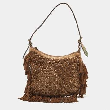 Pre Owned Fendi Brown/Multicolor Leather and Lizard Trim Small Tassel Oyster Hobo