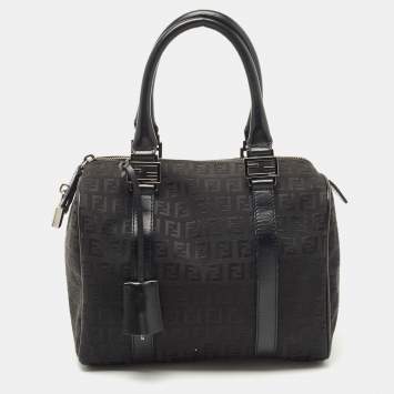 Pre Owned Fendi Black Zucchino Fabric and Leather Small Forever Bauletto Boston Bag