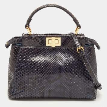 Pre Owned Fendi Navy Blue Python Mini Peekaboo Top Handle Bag