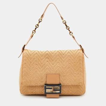 Pre Owned Fendi Beige Raffia and Leather Detail Mama Forever Shoulder Bag