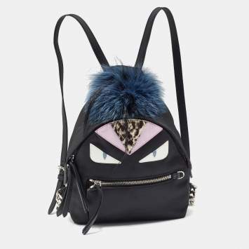 Pre Owned Fendi Black Nylon and Leather Mini Monster Eye Backpack