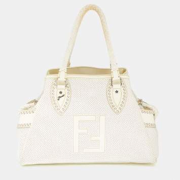 Pre Owned Fendi Off White Perforated Patent Leather Chef De Jour Bag