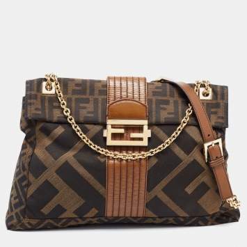 Pre Owned Fendi Tobacco Zucca Canvas and Leather Maxi Baguette Flap Shoulder Bag