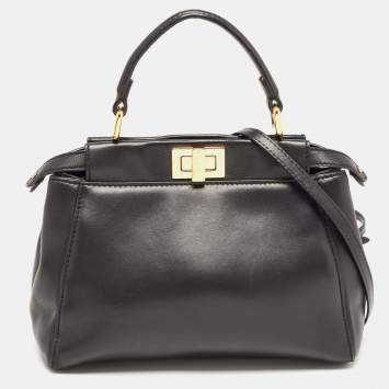 Pre Owned Fendi Black Leather Mini Peekaboo Top Handle Bag