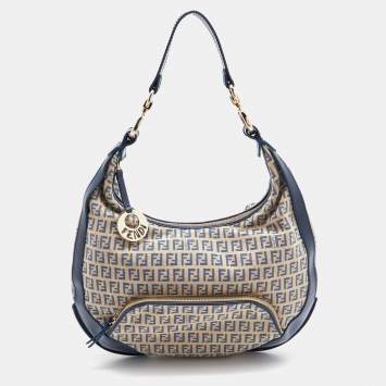 Pre Owned Fendi Beige/Blue Zucchino Canvas and Leather Pocket Chef Hobo