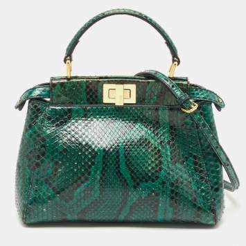 Pre Owned Fendi Green Python Mini Peekaboo Top Handle Bag