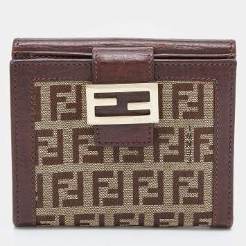 Pre Owned Fendi Beige/Brown Zucchino Canvas and Leather Compact Forever Flap Wallet