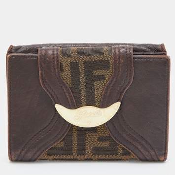 Pre Owned Fendi Beige/Brown Zucca Canvas and Leather Compact Wallet