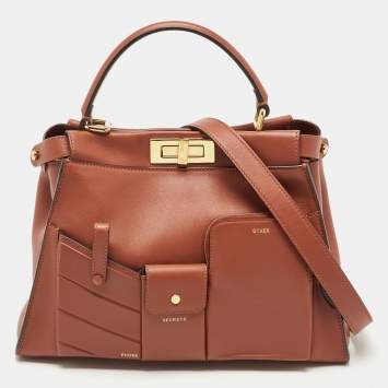 Pre Owned Fendi Dark Brown Leather Medium Pocket Peekaboo Top Handle Bag