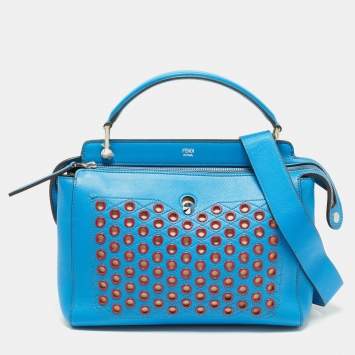 Pre Owned Fendi Blue Leather Dotcom Eyelet Top Handle Bag