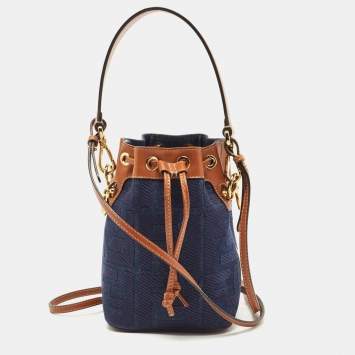 Pre Owned Fendi Blue/Tan Denim and Leather Mini Mon Tresor Bucket Bag