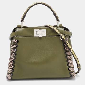 Pre Owned Fendi Olive Green Leather and Python Mini Whipstitch Peekaboo Top Handle Bag