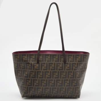 Pre Owned Fendi Tobacco Zucca Coated Canvas and Leather Small Roll Shopper Tote