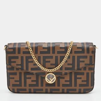 Pre Owned Fendi Tobacco/Black Zucca Leather Small FF Wallet On Chain