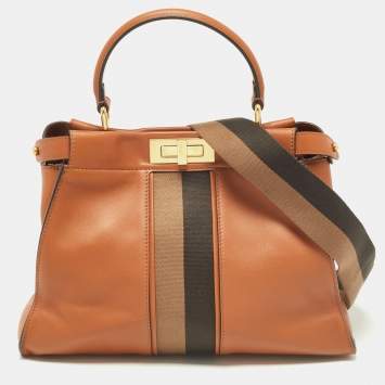 Pre Owned Fendi Brown Leather Medium Stripe Peekaboo Top Handle Bag