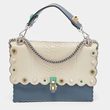 Pre Owned Fendi Blue/Beige Scalloped Leather Medium Kan I Shoulder Bag