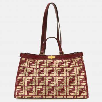 Pre Owned Fendi Burgundy/Cream FF Raffia and Leather Peekaboo X Tote