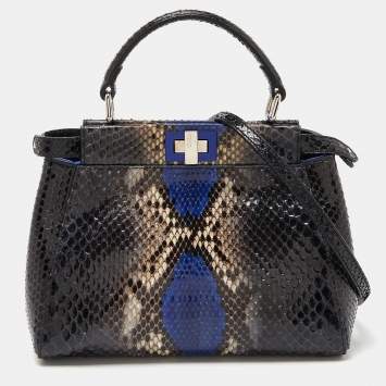 Pre Owned Fendi Black/Blue Python Mini Peekaboo Top Handle Bag