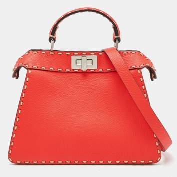Pre Owned Fendi Red Selleria Leather Small Peekaboo ISeeU Top Handle Bag