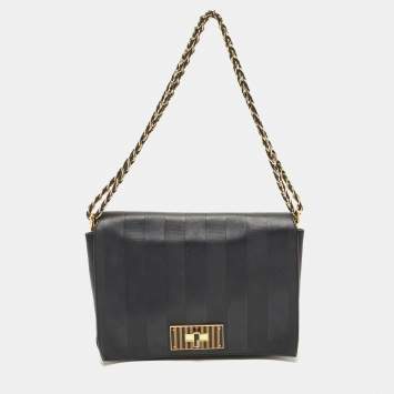 Pre Owned Fendi Black Pequin Stripe Leather Large Claudia Shoulder Bag