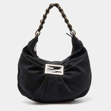 Pre Owned Fendi Black Zucca Canvas and Patent Leather Mia Hobo