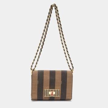 Pre Owned Fendi Tobacco Pequin Canvas Small Claudia Shoulder Bag