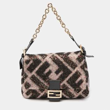 Pre Owned Fendi Black/Pink Zucca Sequins and Wool Mama Forever Flap Bag