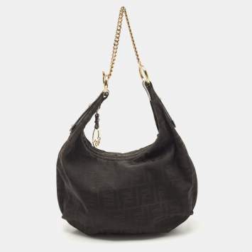 Pre Owned Fendi Black Zucca Canvas Chef Chain Link Hobo