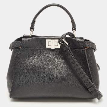 Pre Owned Fendi Black Selleria Leather Mini Peekaboo Top Handle Bag