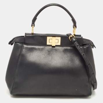 Pre Owned Fendi Black Leather Mini Peekaboo Top Handle Bag