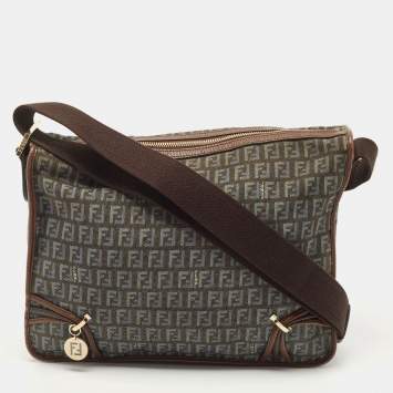 Pre Owned Fendi Blue/Brown Zucchino Canvas and Leather F Charm Messenger Bag