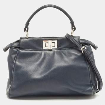 Pre Owned Fendi Navy Blue Leather Mini Peekaboo Top Handle Bag