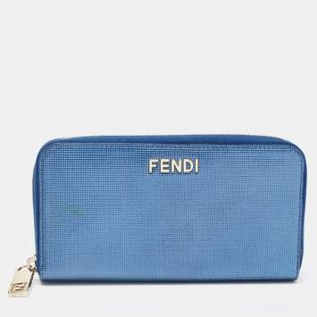 Pre Owned Fendi Metallic Blue Textured Leather Zip Around Continental Wallet