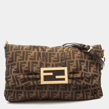 Pre Owned Fendi Tobacco Zucca Canvas and Patent Leather Mia Flap Shoulder Bag