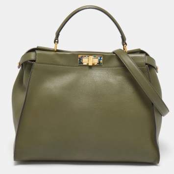 Pre Owned Fendi Khaki Green Printed Perspex and Leather Large Peekaboo Top Handle Bag
