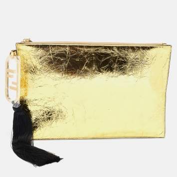 Pre Owned Fendi Gold Laminated Leather FF Tassel Clutch