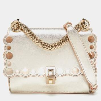 Pre Owned Fendi Gold Leather Small Scalloped Kan I Shoulder Bag