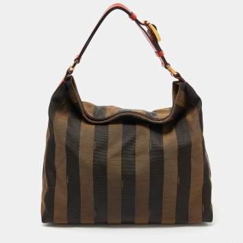 Pre Owned Fendi Tobacco/Red Pequin Stripe Canvas and Leather Hobo