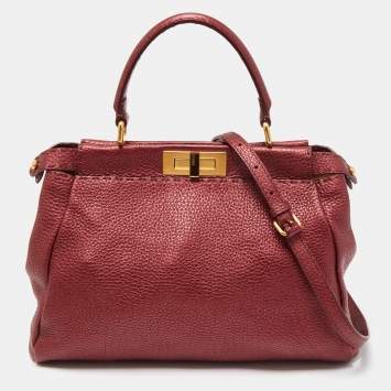 Pre Owned Fendi Metallic Burgundy Selleria Leather Regular Peekaboo Top Handle Bag