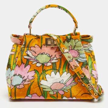 مملوكة مسبقًا Fendi Multicolor Floral Print Velvet Mini Peekaboo Top Handle Bag