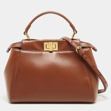 Pre Owned Fendi Brown Leather Mini Peekaboo Top Handle Bag