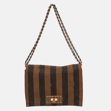 Pre Owned Fendi Tobacco Pequin Stripe Canvas Large Claudia Shoulder Bag