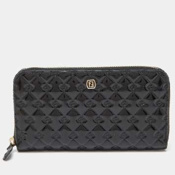 Pre Owned Fendi Black Patent Leather Fendilicious Zip Around Wallet
