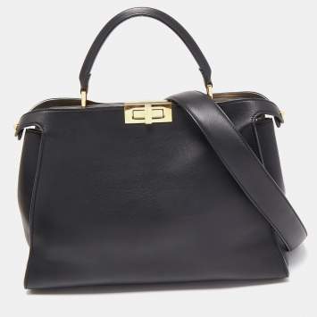 Pre Owned Fendi Black Leather Large Iconic Essentially Peekaboo Top Handle Bag