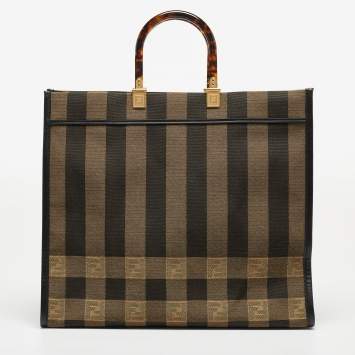 Pre Owned Fendi Black/Tobacco Jacquard Pequin Canvas Large Sunshine Shopper Tote