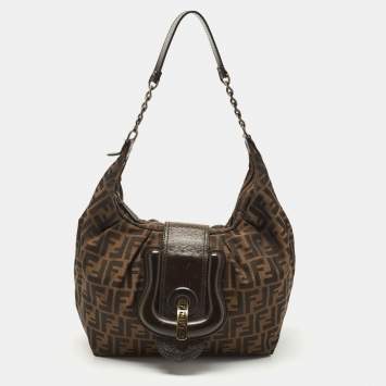 Pre Owned Fendi Dark Brown/Tobacco Zucca Canvas and Leather B Hobo